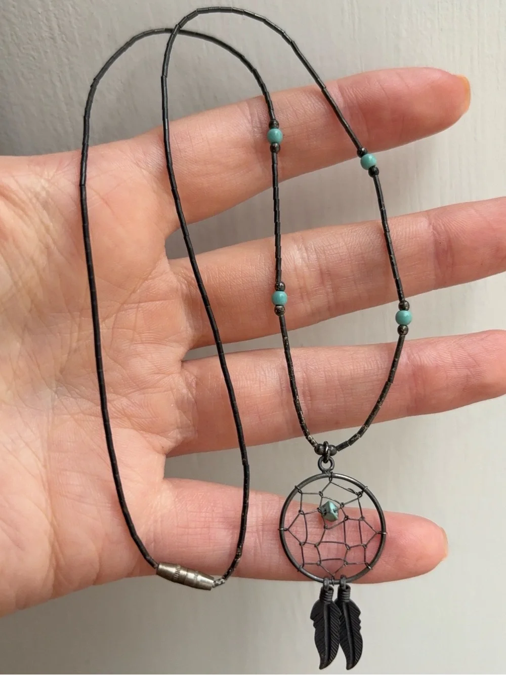 Sterling Silver Navajo Vintage Dream Catcher Turquoise Feather Pendant Necklace